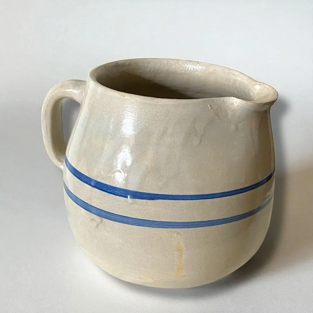 Vintage Glazed Stoneware Pottery Crock Pitcher Double Blue Band Utensil Holder